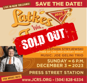 A poster of latkes with a sold out, with a man in it.